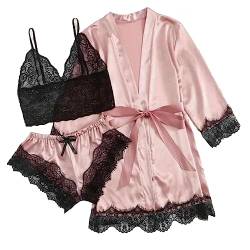 Honhoha Seidenpyjama-Set | Pyjama-Set aus Satin mit Spitze | Modischer Seidenpyjama, bequemes Satin-Set, atmungsaktive Schlafsets für Freizeit, Schlafen, drinnen von Honhoha