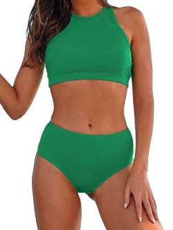 Honlyps Zweiteiliger Damen-Badeanzug, hohe Taille, gerippt, Sport-Bikini-Set, hoher Halsausschnitt, Bauchkontrolle, für Teenager, Mädchen, Grün , S von Honlyps