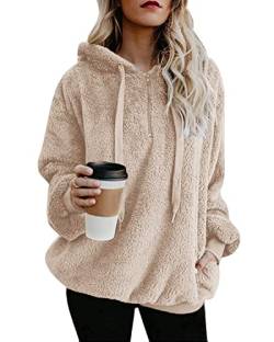 Damen Pullover Teddy Hoodie Warm Teddy-Fleece Kapuzenpullover Oversize Sweatshirt Langarm Lose Winter Pulli Tops Oberteile mit Tasche (Khaki, 3XL) von Hormtaer