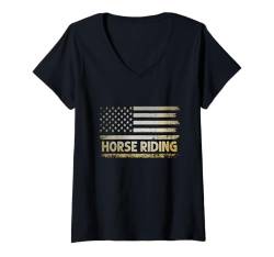 Damen Amerikanische USA-Flagge, Reitpferde, Reitpferde T-Shirt mit V-Ausschnitt von Horse Riding Horses Horseback Gifts