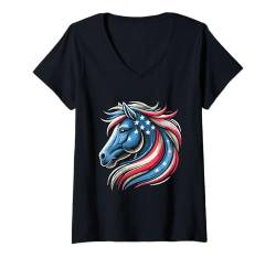 Damen Amerikanische USA-Flagge Pferd Reitpferde Reitsport T-Shirt mit V-Ausschnitt von Horse Riding Horses Horseback Gifts