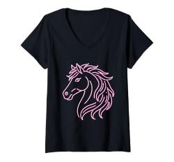 Damen Line Art Reitpferd, Pink T-Shirt mit V-Ausschnitt von Horse Riding Horses Horseback Gifts