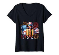 Damen Lustiger Hotdog hält amerikanische Flagge für USA 4. Juli T-Shirt mit V-Ausschnitt von Hotdog Wearing Sunglasses Holding American Flag