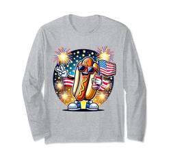 Lustiger Hotdog hält amerikanische Flagge für USA 4. Juli Langarmshirt von Hotdog Wearing Sunglasses Holding American Flag