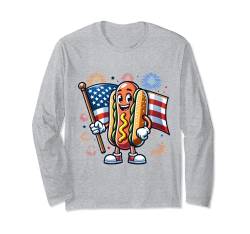 Lustiger Hotdog hält amerikanische Flagge für USA 4. Juli Langarmshirt von Hotdog Wearing Sunglasses Holding American Flag