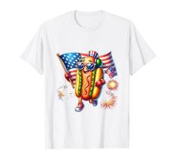 Lustiger Hotdog hält amerikanische Flagge für USA 4. Juli T-Shirt von Hotdog Wearing Sunglasses Holding American Flag