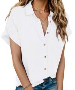 Hotouch Bluse Damen Sommer Baumwolle Leinenbluse V-Ausschnitt Button-Down Hemdbluse Elegant Blusenshirt Revers Kragen Blusehemd Einfarbig Oberteile Kurzarm Hemd Basic Shirt Weiß L von Hotouch