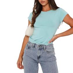 Hotouch Damen Basic T-Shirts Kurzarm Crop Top Casual Y2K Rundhalsausschnitt Tops Slim Fit Tshirts Hellblau L von Hotouch