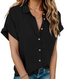 Hotouch Damen Bluse Elegant V-Ausschnitt Hemden Kurzarm Casual Oberteile mit Knöpfen Einfarbig Blusenshirt Baumwolle Hemd Tops Schwarz 3XL von Hotouch