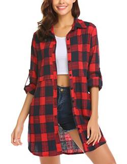 Hotouch Kariert Bluse Damen Langarm Karohemd V-Ausschnitt Trachtenbluse Knopfleiste Hemdjacke Casual Oversize Oktoberfest Lang Hemd Plaid Tunika Oberteile Rot XL von Hotouch