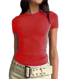 Hotouch Damen T-Shirt Basic Kurzarm Crop Top Y2K Slim Fit Oberteile Casual Rundhals Tee Shirts Rot M von Hotouch