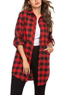 Hotouch Hemd Damen Hemdjacke Kariertes Hemd Langarmshirt Oktoberfest Bluse Karo Tunika Tops Casual Hemdbluse mit Knöpfen Rot XL von Hotouch