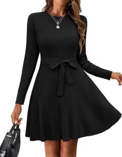 Hotouch Kleider Für Damen Langarm Pulloverkleid Frauen Elegant Midikleid Mit Gürtel Rundhals Strickkleid A-Linie Pullikleid Für Herbst Und Winter Schwarz M von Hotouch