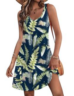 Hotouch Sommerkleid Damen Ärmellos Kleid V-Ausschnitt Strandkleid Blumen Knielang Leicht Kurzarm Freizeitkleid mit Taschen Lässig Tank Kleid Casual Lose Marineblau XXL von Hotouch