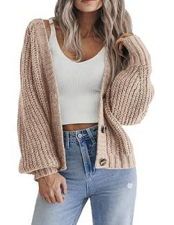 Hotouch Strickjacken Für Damen Cardigan Kurz V-Ausschnitt Knöpfen Grobstrick Strickjacke Einfarbig Langarm Lässig Strickmantel Khaki L von Hotouch