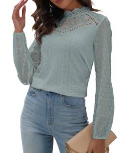Hount Damen Bluse mit Spitze Oberteile Locker Laternenärmeln Shirt Elegant Blusenshirt Schickes Tunika Top (XXL, Grün) von Hount