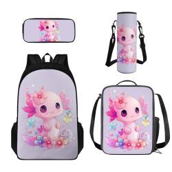 Howilath Kinder-Rucksack-Set, 4-in-1, Schultasche, Lunchbox für Grundschulmädchen, Axolotl Purple von Howilath