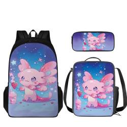 Howilath Kinder-Schulrucksack mit Lunchbox, Federmäppchen, für Alter 8–12, 3-in-1, Axolotl von Howilath