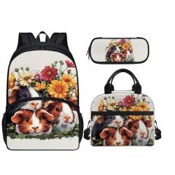 Howilath Lunchbox und Rucksack und Federmäppchen für Kinder, Mädchen, leicht, lässiger Tagesrucksack, Meerschweinchen von Howilath