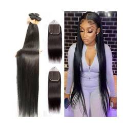 Bundles mit Verschluss Knochengerade Bundles mit Verschluss, Echthaar-Webart-Verlängerung, natürliche Farbe, gerade, brasilianisches Remy-Haar, Bundles mit Frontal for schwarze Frauen Hair Geflochten( von Huangj-0527