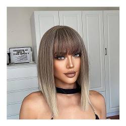 Perücken für Frauen Graublonde, kurze Bob-Ombre-Synthetik-Perücken, mittleres glattes Asche-Cosplay-Haar mit Pony for Frauen, Afro, natürlich, hitzebeständig für die Tägliche Party Cosplay Tragen von Huangj-0527