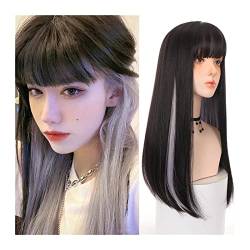 Perücken für Frauen Langes glattes Haar Perücke mit Pony Naturschwarz mit Highlight Silber Gerade Perücke Synthetische Gerade Tägliche Party Cosplay Perücke for Frauen für die Tägliche Party Cosplay T von Huangj-0527