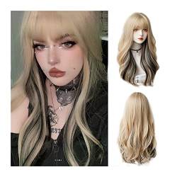 Perücken für Frauen Synthetische lange gewellte lockige Haarperücken mit Pony, blonde Highlights, schwarze Lolita-Cosplay-Party-Perücken, natürliche lockige, hitzebeständige Perücken for Frauen und Mä von Huangj-0527