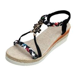 Huesdet Sandalen Damen Sommer Bequeme mit Keilabsatz Elegant Fussbett Strandschuhe Sandaletten Boho Footwear Vintage Schlappen mit Strass Perlen von Huesdet