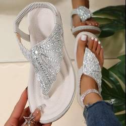 Hufu Sandalen Damen Sommer, Flache Strass Boho Strandschuhe, Damenschuhe Elegante Glitzer Flip Flops, Weichen Sohlen Sandals (Weiß, Erwachsene, Damen, 39, Numerisch, EU Schuhgrößensystem, M) von Hufu