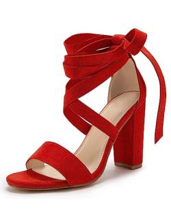 Huiyuzhi Damen-Sandalen, zum Schnüren, mit hohem Absatz, klobiger Block, Knöchel, Riemen, Pumps, Kleid, 1-Rot, 40.5 EU von Huiyuzhi