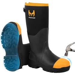 Hunthor Gummi-Arbeitsstiefel für Herren mit Stahlkappe, 1100N pannensichere Jagdstiefel mit 7 mm Neopren, wasserdicht und EVA-Zwischensohle, verstellbarer Rückenzwickel, ideal für Jagd, Arbeit und von Hunthor