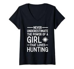 Damen Hunter Unterschätze niemals die Macht eines Mädchens T-Shirt mit V-Ausschnitt von Hunting Hobby Present Hunter Apparel