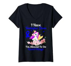 Damen Huntington's Disease Bewusstsein Lustiges Einhorn blaues Band T-Shirt mit V-Ausschnitt von Huntingtons Disease Awareness Products (Lwaka)