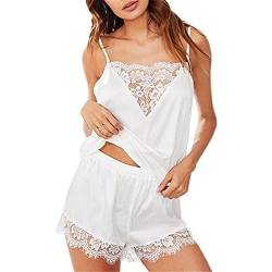 2024 Schlafanzug Damen Kurz V-Ausschnitt Pyjama Set Sommer Ärmellos Zweiteiliger Mit Spaghettiträger Nachtwäsche Cami Top Und Shorts Spitze Sexy Hauseanzug Sleepwear von Huoghebg