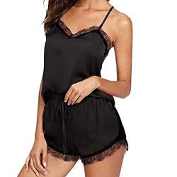 Huoghebg 2024 Schlafanzug Damen Kurz V-Ausschnitt Pyjama Set Sommer Ärmellos Zweiteiliger Mit Spaghettiträger Nachtwäsche Cami Top Und Shorts Spitze Sexy Hauseanzug Sleepwear von Huoghebg