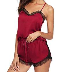 Huoghebg 2024 Schlafanzug Damen Kurz V-Ausschnitt Pyjama Set Sommer Ärmellos Zweiteiliger Mit Spaghettiträger Nachtwäsche Cami Top Und Shorts Spitze Sexy Hauseanzug Sleepwear von Huoghebg