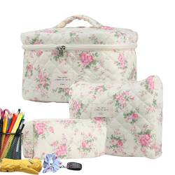 Kulturbeutel mit Blumenmuster, süße Make-up-Tasche mit Blumenmuster,3 Stück ästhetische Kulturbeutel | Niedliches Baumwoll-Kosmetiktaschen-Set, Make-up-Tasche, Blumen-Reise-Kulturbeutel für Rucksack von Huvqianu