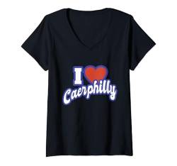 Damen Ich liebe Caerphilly T-Shirt mit V-Ausschnitt von I Love Cities