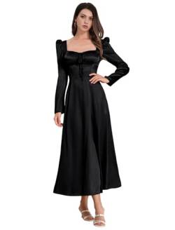 IBAKOM Damen Abendkleider elegant für Hochzeit Satin Langarm Kleid Sexy Tief Ausschnitt Cocktailkleid A-Linie Freizeitkleid Rückenfrei Maxikleid Partykleid Herbst Winter Dresses for Women schwarz S von IBAKOM