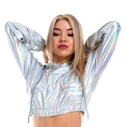 IBAKOM Damen Glänzendes Wetlook Leder Kapuzen Crop Top Metallic Langarm Kordelzug Sweatshirt Rave Dance Top Clubwear Kapuzenpullover Glänzendes Silber L von IBAKOM