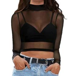 IBAKOM Damen Netzoberteil Sexy durchsichtig Langarmshirt Transparentes Mesh Bluse Bikini Cover Up Mesh Oberteil Netzshirt Tunika für Casual Club Party schwarz XXL von IBAKOM