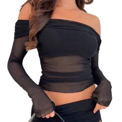 IBAKOM Damen Sexy Netzoberteil Schulterfrei durchsichtig Mesh Langarmshirt Transparent Tüll Mesh Bluse Netzshirt für Causal Rave Party Club schwarz M von IBAKOM