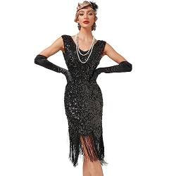 IBAKOM Damen Vintage Cocktailkleid 20er Pailettenkleider Sexy Glitzerkleid Ärmellos V-Ausschnitt Hochzeit Abendkleid Knieland Fransenkleid Flapper Partykleider Kostüm schwarz XXL von IBAKOM