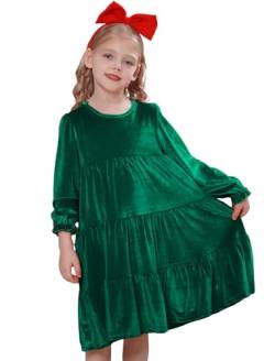 IBAKOM Mädchen Kleid Weihnachtskleid Langarm Samtkleid Herbst Winter Blumenmädchenkleid Abendkleid Prinzessinenkleid Freizeitkleid Für Brautjungfer Hochzeit Geburtstag Weihnachten grün 7-8 Jahre von IBAKOM