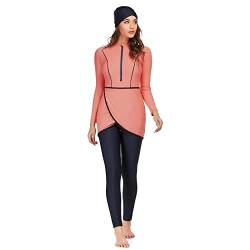 Burkini Damen Muslim, Muslimische Badeanzug Damen, Ganzkörper Badeanzug Damen, Hijab Badeanzug Damen, Bescheidene Modest Muslim Swimwear Langarm Top+Hosen+Hijab 3 Stücke Set Hellrot&Schwarz 3XL von IBTOM CASTLE