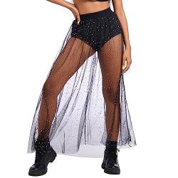 Damen 2 in 1 Transparenter Mesh Rock Shorts Hohe Taille Tüllrock Glitzer Sterne Rüschen Maxirock Sexy Streetwear Party Clubwear Schwarze Paillette S von IBTOM CASTLE