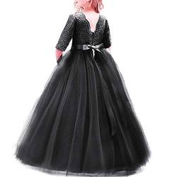 Elegant Prinzessin Kleid Mädchen Abendkleid für Hochzeit Brautjungfer Blumenmädchen 3/4 Arm Spitzenkleid Geburtstag Party Jugendweihe Fasching Cocktail Dance Ballkleid 2-14 Jahre S# Schwarz 5-6 Jahre von IBTOM CASTLE