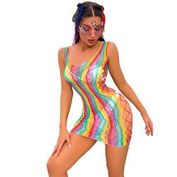 IBTOM CASTLE Damen Regenbogen Durchsichtig Fischnetz Kleid Bunte Mesh-Dessous Sommer Sexy Regenbogen Netzoberteil Bikini Cover Up Rave Festival Outfit Ärmelloses Kleid D Einheitsgröße von IBTOM CASTLE