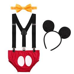 IBTOM CASTLE Neugeborenen Kleinkind Baby 1./2./3. Geburtstag Mickey Mouse Halloween Kostüm Outfit Hosen+Fliege+Clip-on Hosenträger+Maus Ohren 4pcs Bekleidungssets Foto-Shooting 001 Rot 3-6 Monate von IBTOM CASTLE