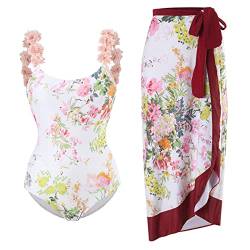 IDOPIP Damen Einteiler Badeanzug mit Strand Cover Up Wickelrock Sarong Retro Blumendruck Bikini Set Zweiteiliger Badeanzug, Rosa Blume, Medium von IDOPIP